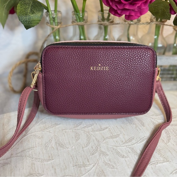 Kedzie Modernist Vegan Leather Double Zipper Small Crossbody. Wine color. - Picture 3 of 11